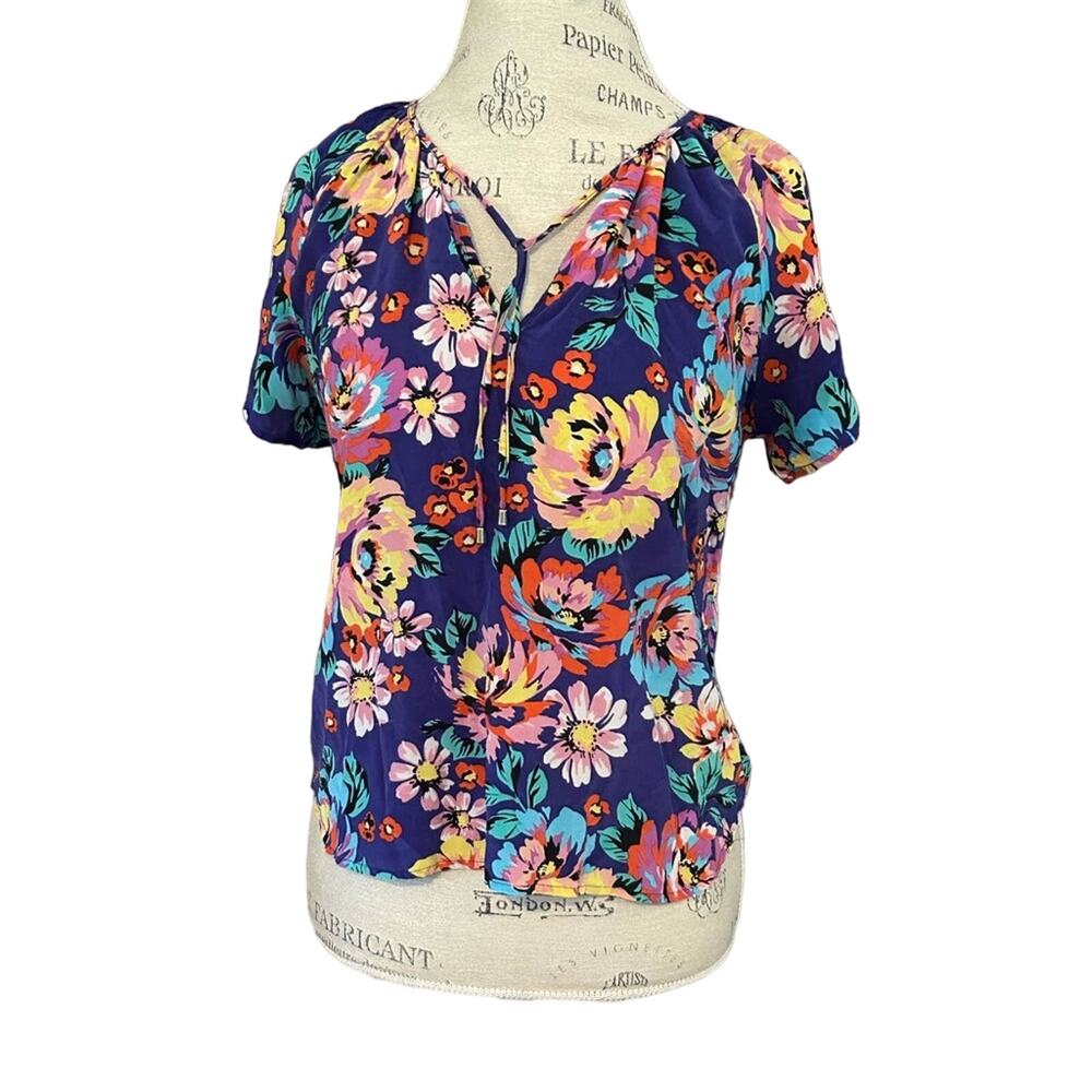 Yumi Kim silk blue yellow floral bright short sleeve tie front top blouse sz XS